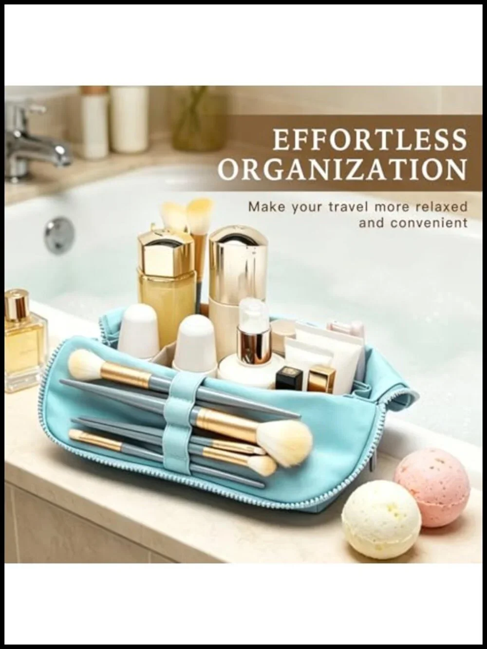 PU Leather Travel Makeup Bag with Fold-Down Design and Adjustable Dividers